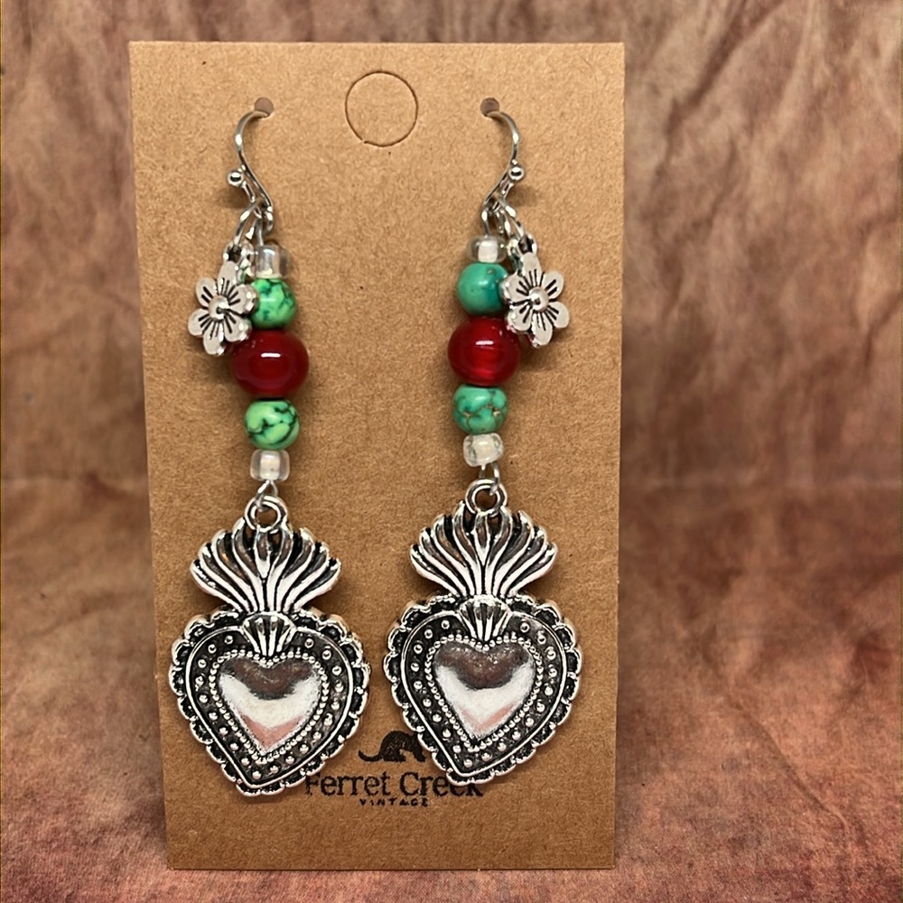 ❤️‍🔥 Handmade silver corazon Milagros SACRED HEART dangle earrings ❤️‍🔥